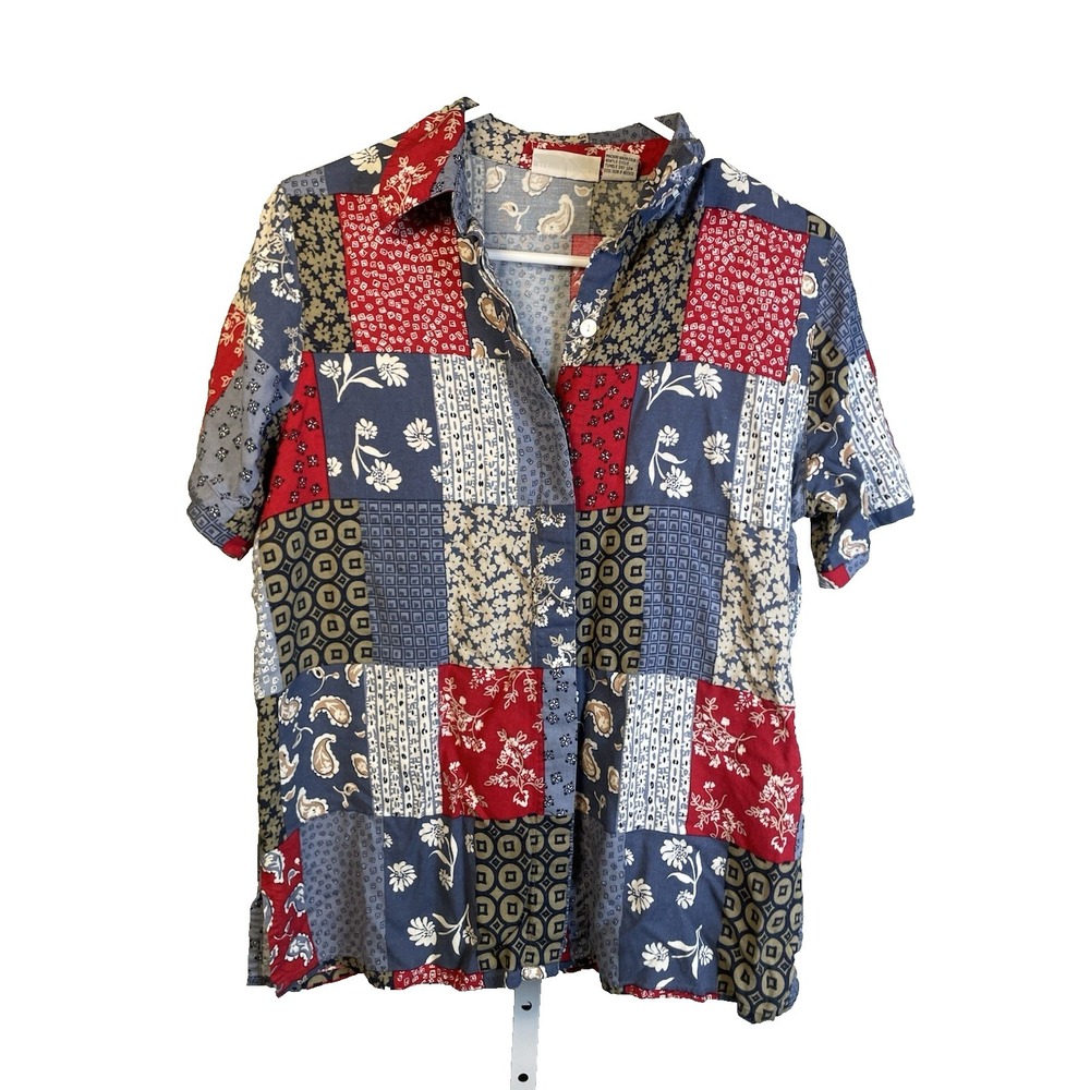 Vintage Alfred Dunner Shirt 8 Patchwork Grannycore‎ Linen Short Sleeve Button Up